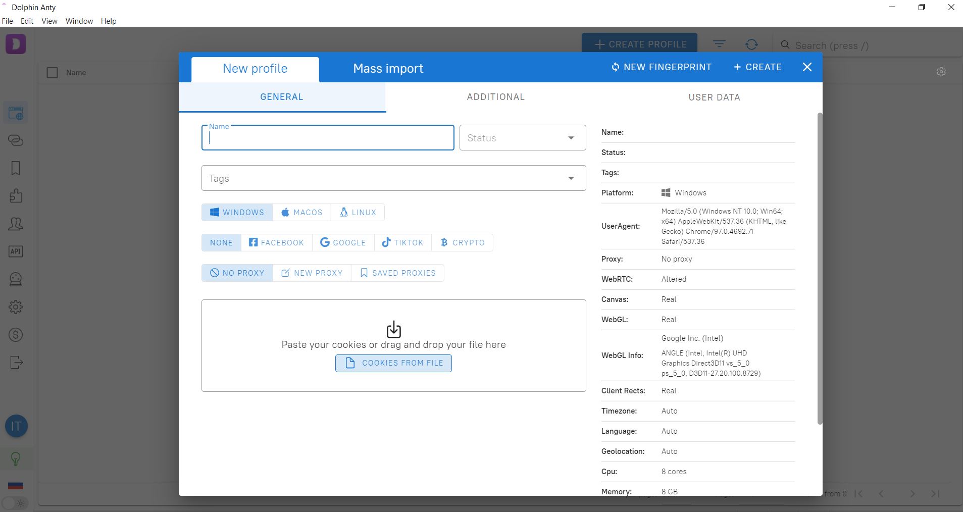 Settings profile Dolphin Anty