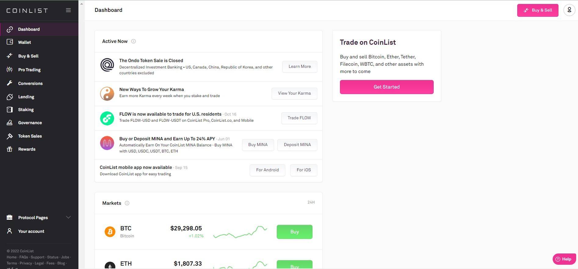 Дашборд в личном кабинете Coinlist