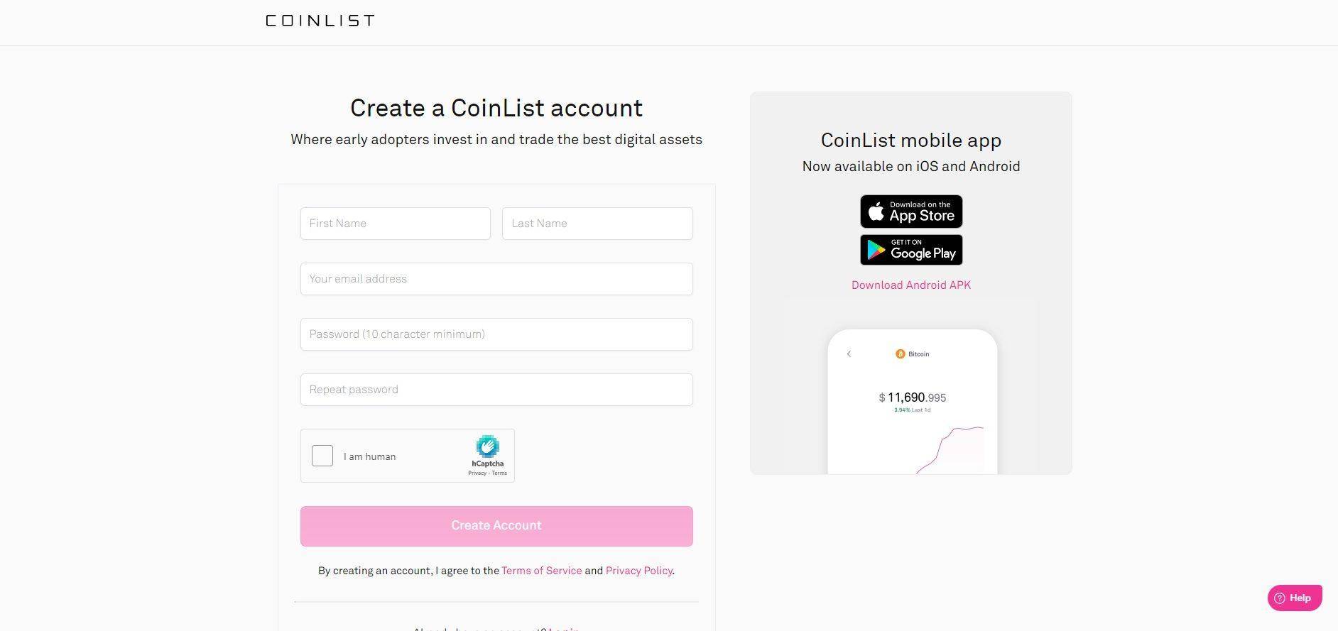 Регистрация аккаунта в Coinlist