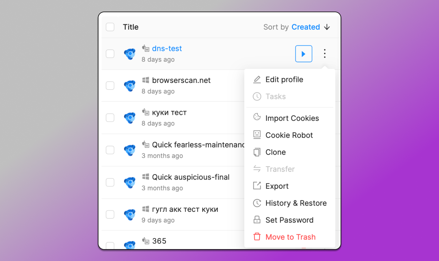Octo Browser Profile Actions Dolphin Anty