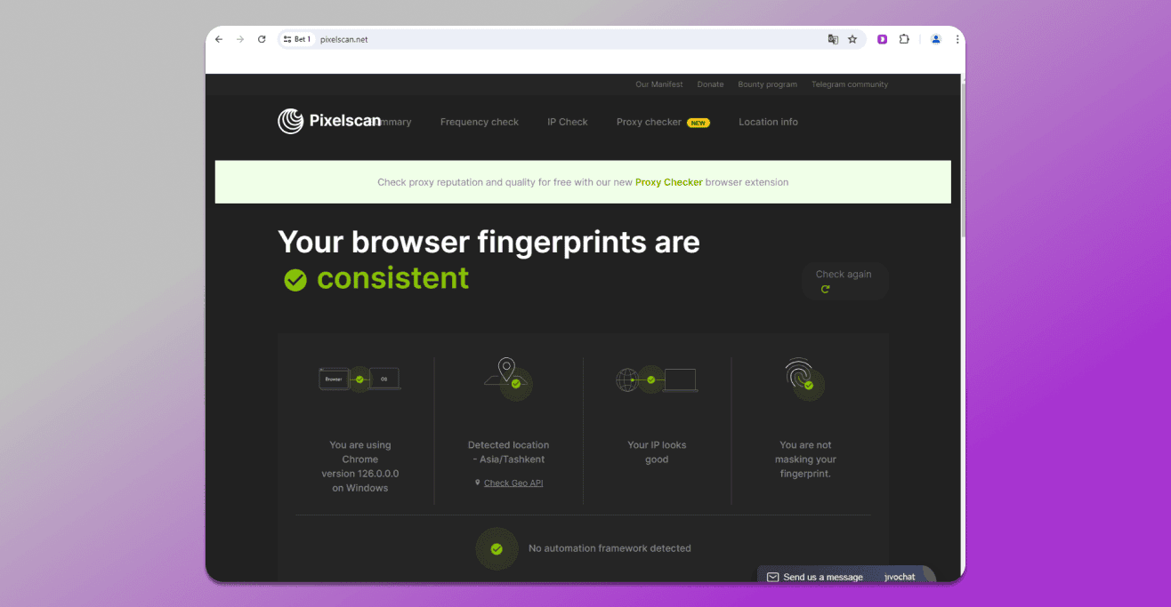 Checking fingerprint pixelscan in Dolphin anty