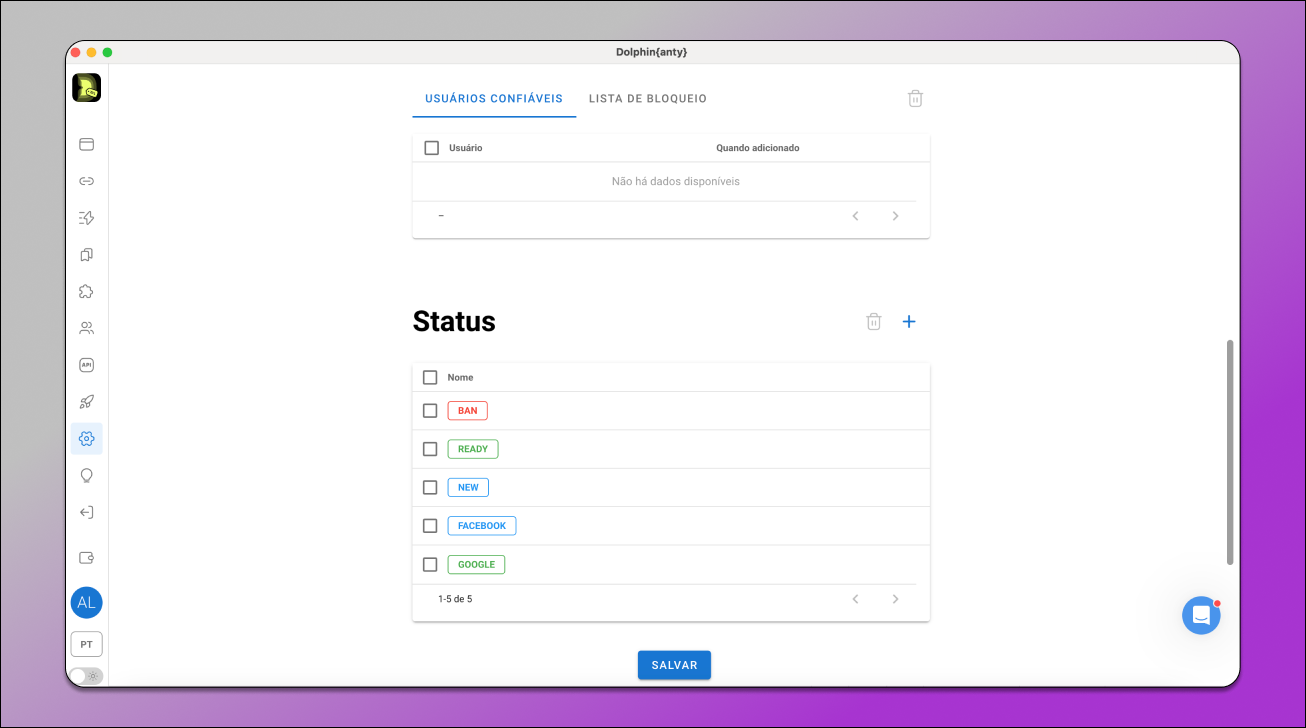 Status Configurações Dolphin Anty