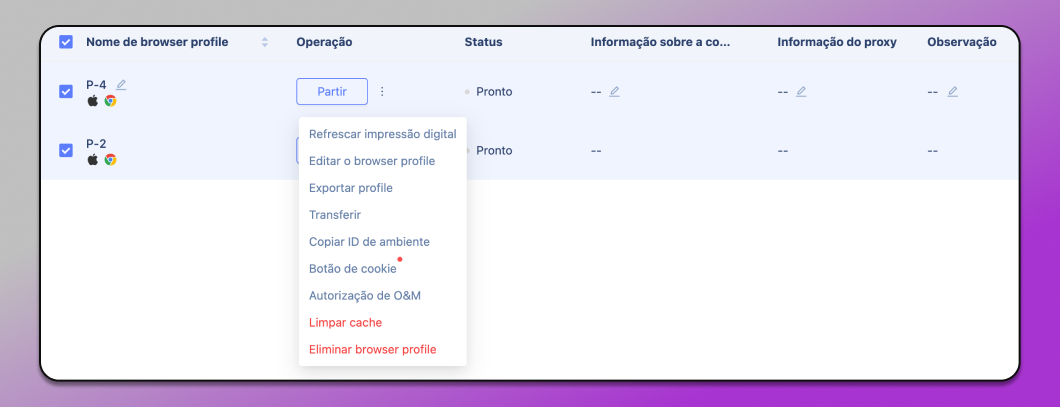 MoreLogin menu de ações em massa Dolphin Anty