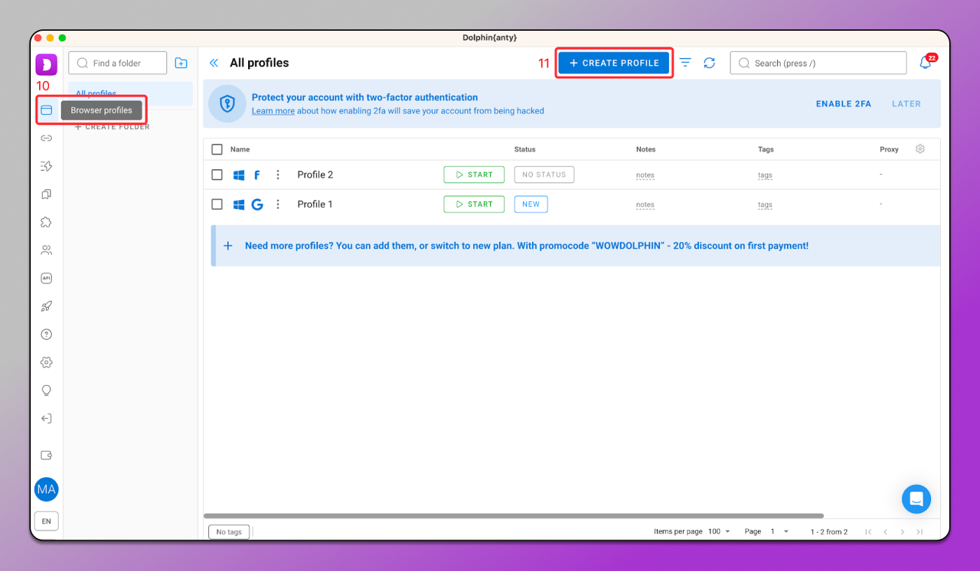 Profiles with proxy Dolphin Anty
