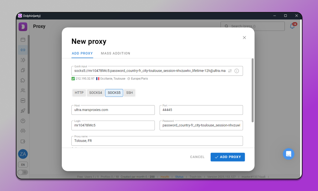 Adding MarsProxies to Dolphin Anty