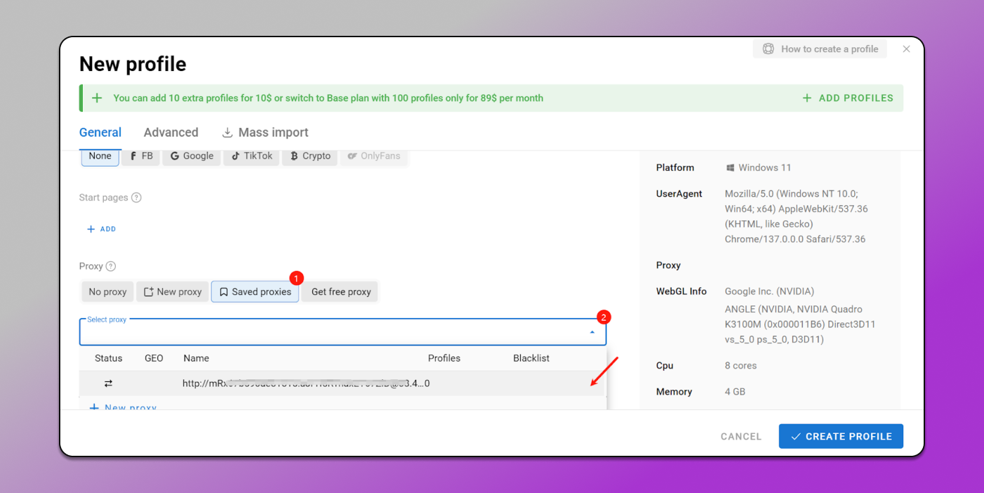 Adding Proxy to Profile Dolphin Anty