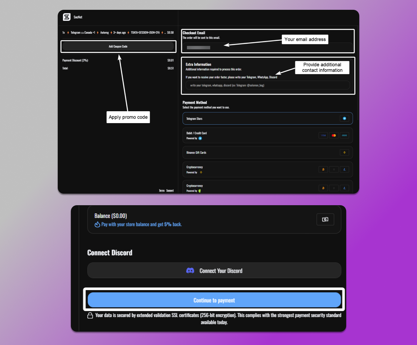 SocNet Checkout process and payment Dolphin Anty