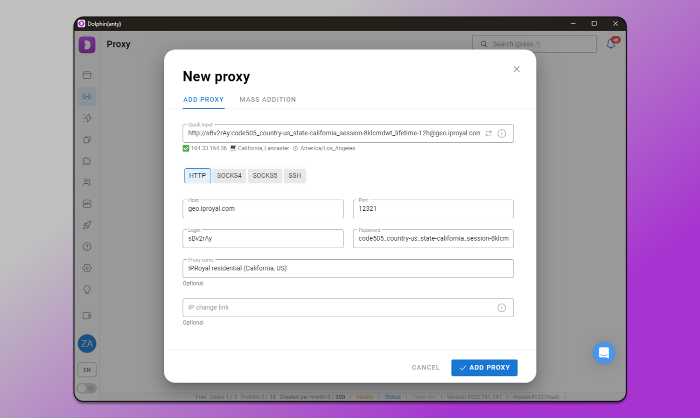 Adding proxy Dolphin Anty
