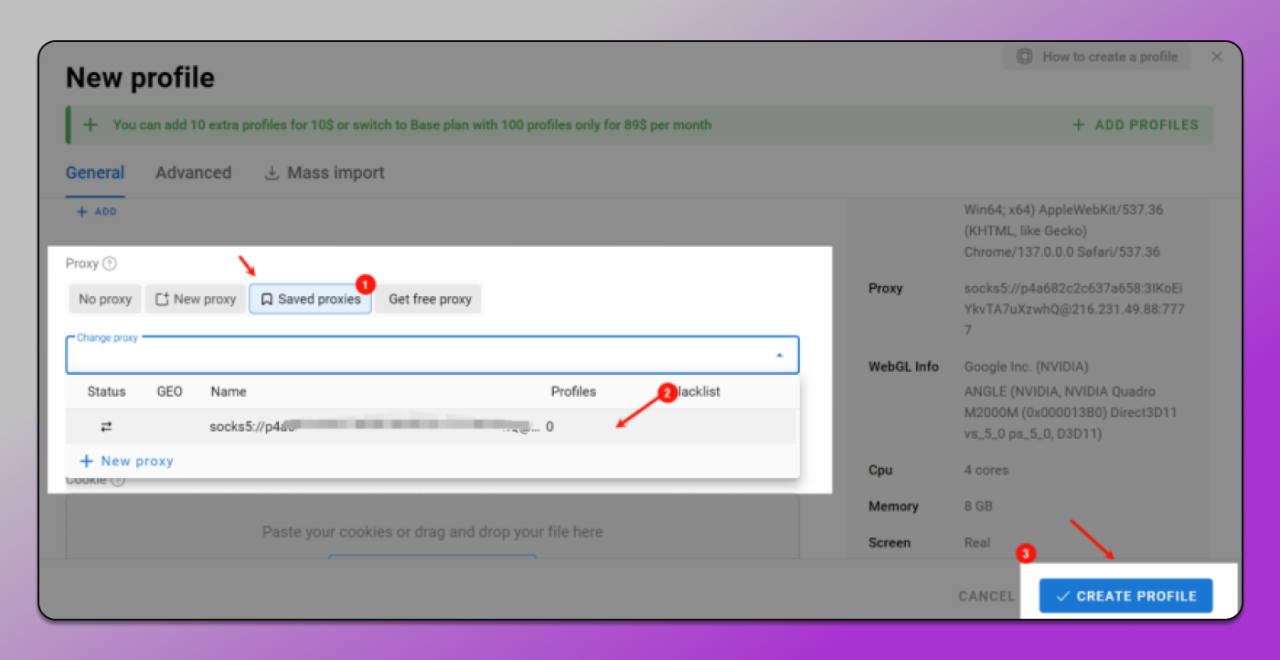 Adding proxy to profile Dolphin Anty