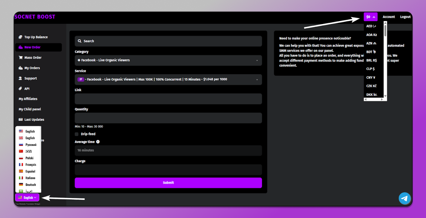 SocNet Language and currency switch Dolphin Anty
