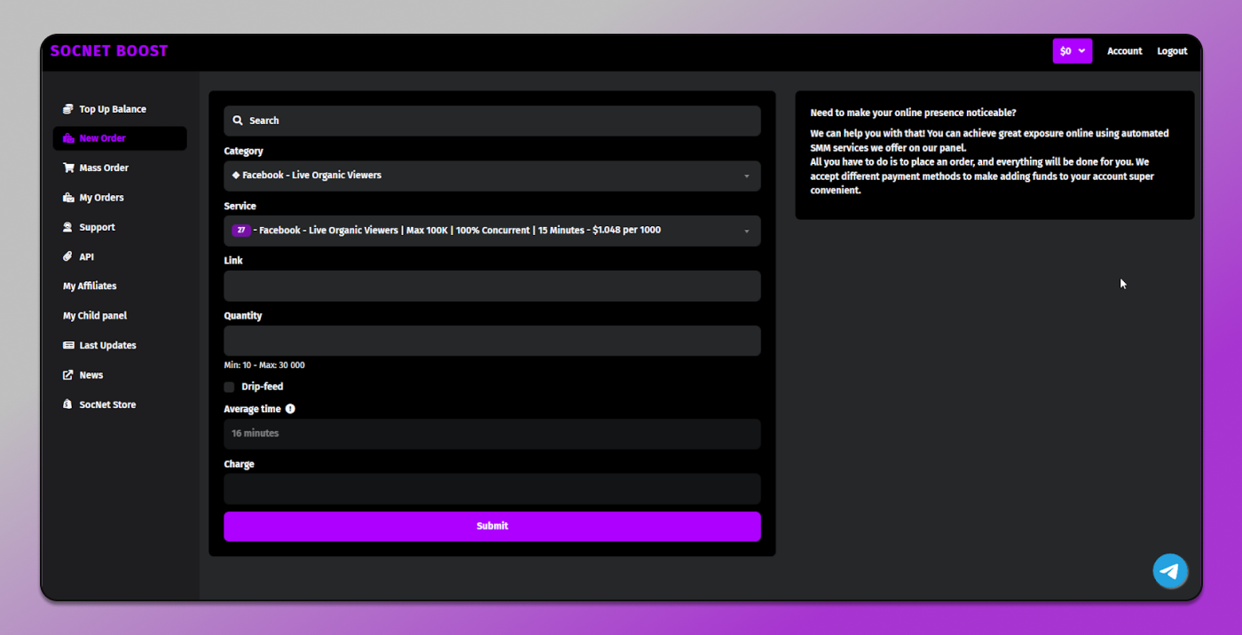 SocNet Service selection panel Dolphin Anty