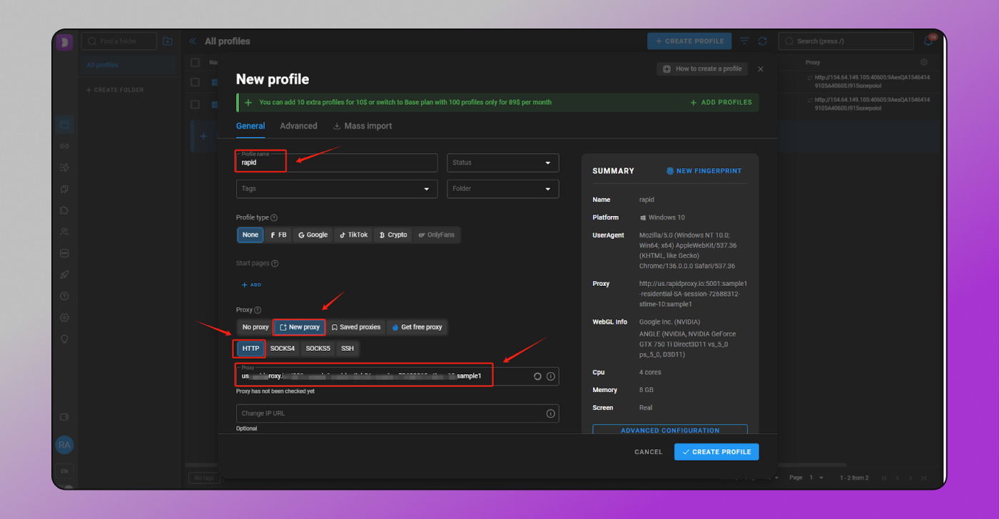 Proxy Parameters Dolphin Anty