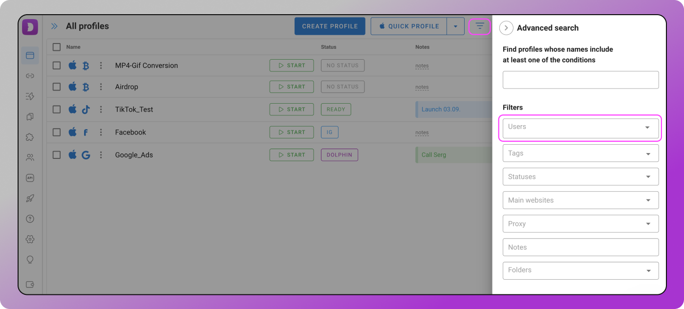 Users filter Dolphin Anty