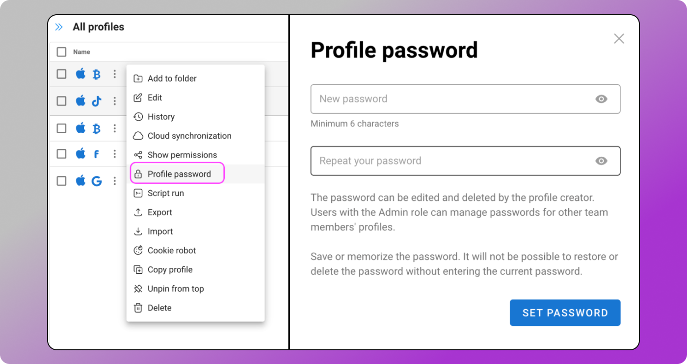 Profile password Dolphin Anty