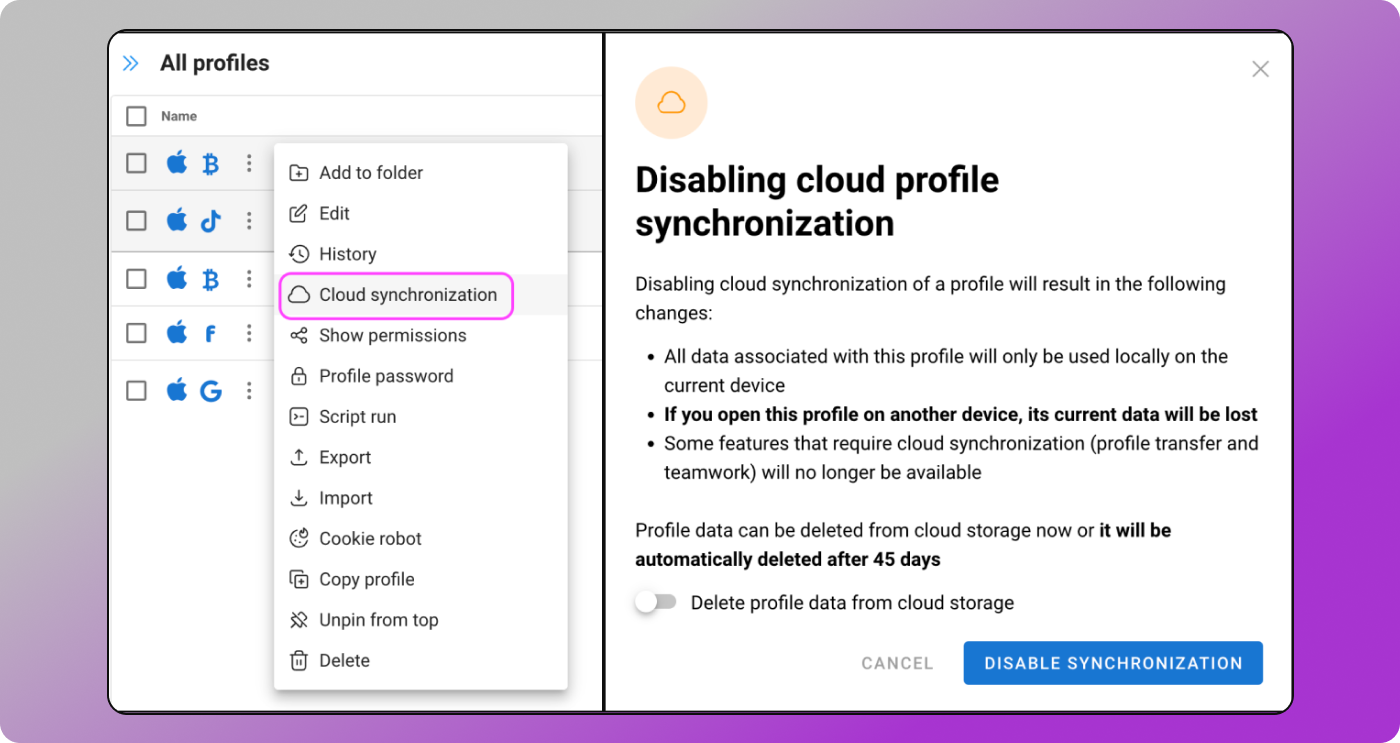 Cloud synchronization Dolphin Anty