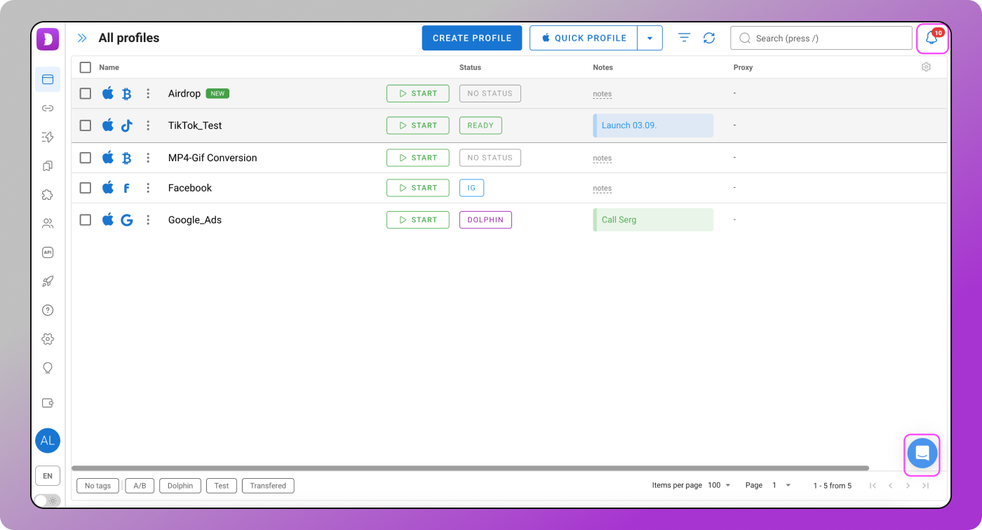 Notifications and support Dolphin Anty