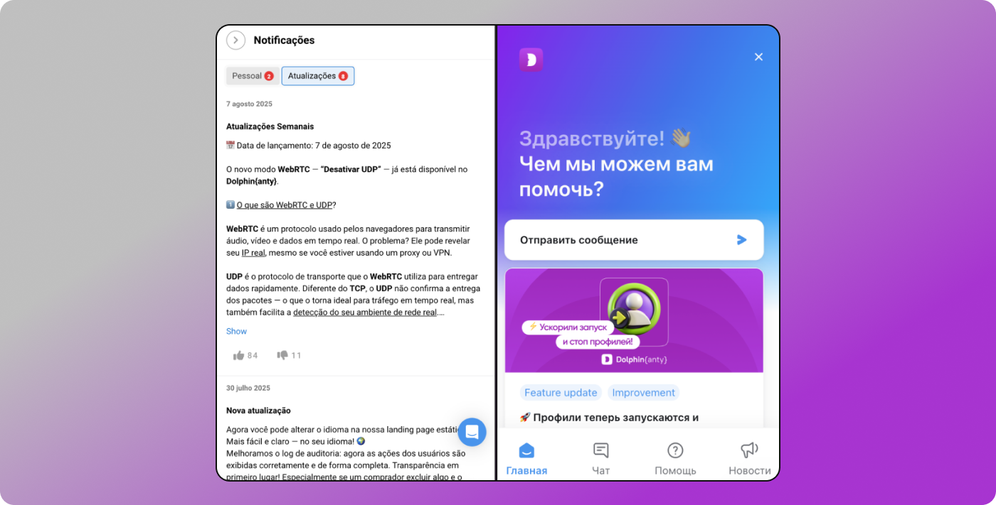 Notificações e chat Dolphin Anty