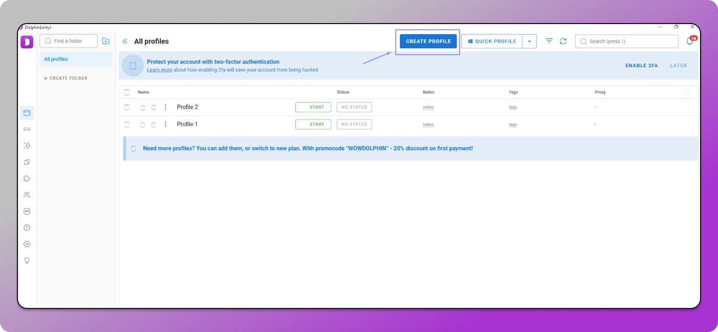 Create Profile Dolphin Anty