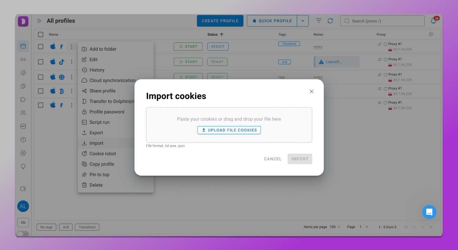 Cookie import Dolphin Anty
