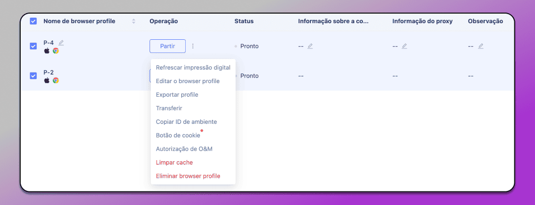 MoreLogin menu de ações em massa Dolphin Anty