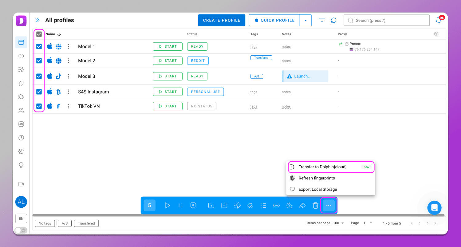Profile Transfer to Cloud Dolphin Anty