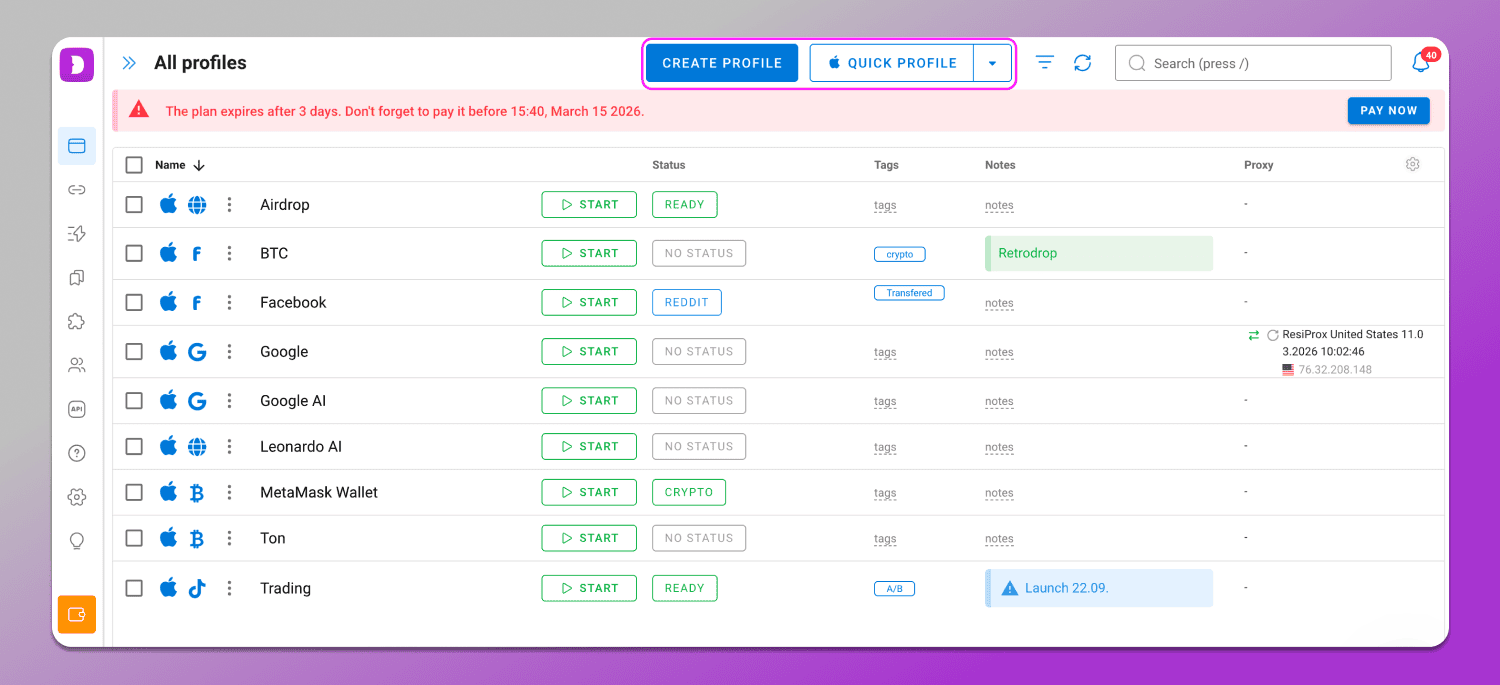 Create Profile Dolphin Anty