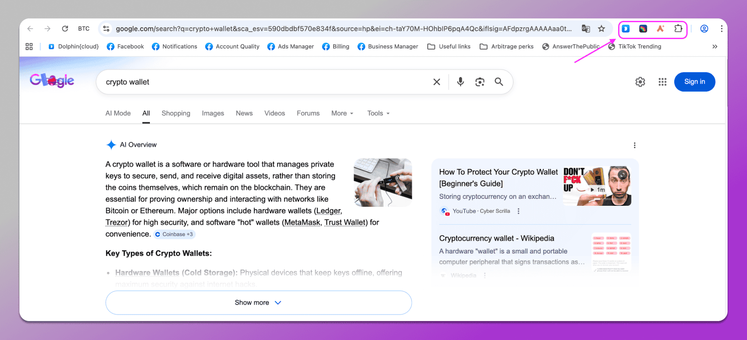 Extensions in Browser Dolphin Anty
