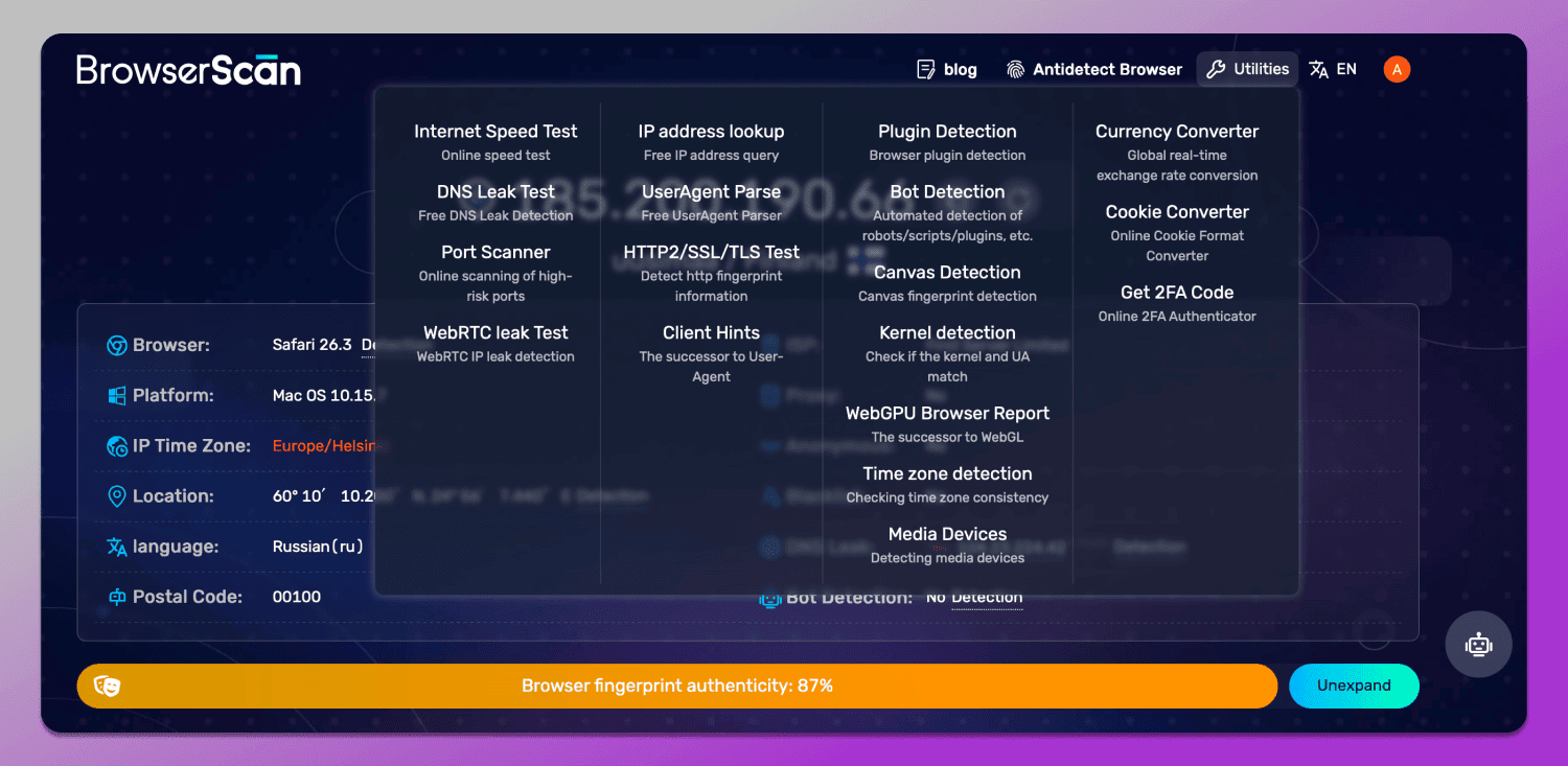 BrowserScan Website Dolphin Anty