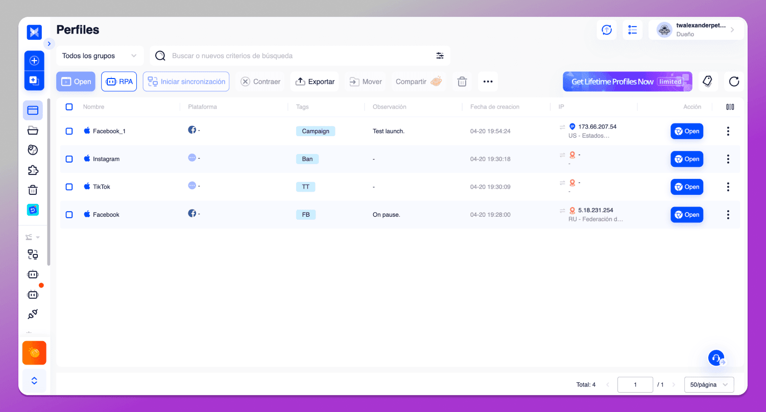 Interface AdsPower Dolphin Anty