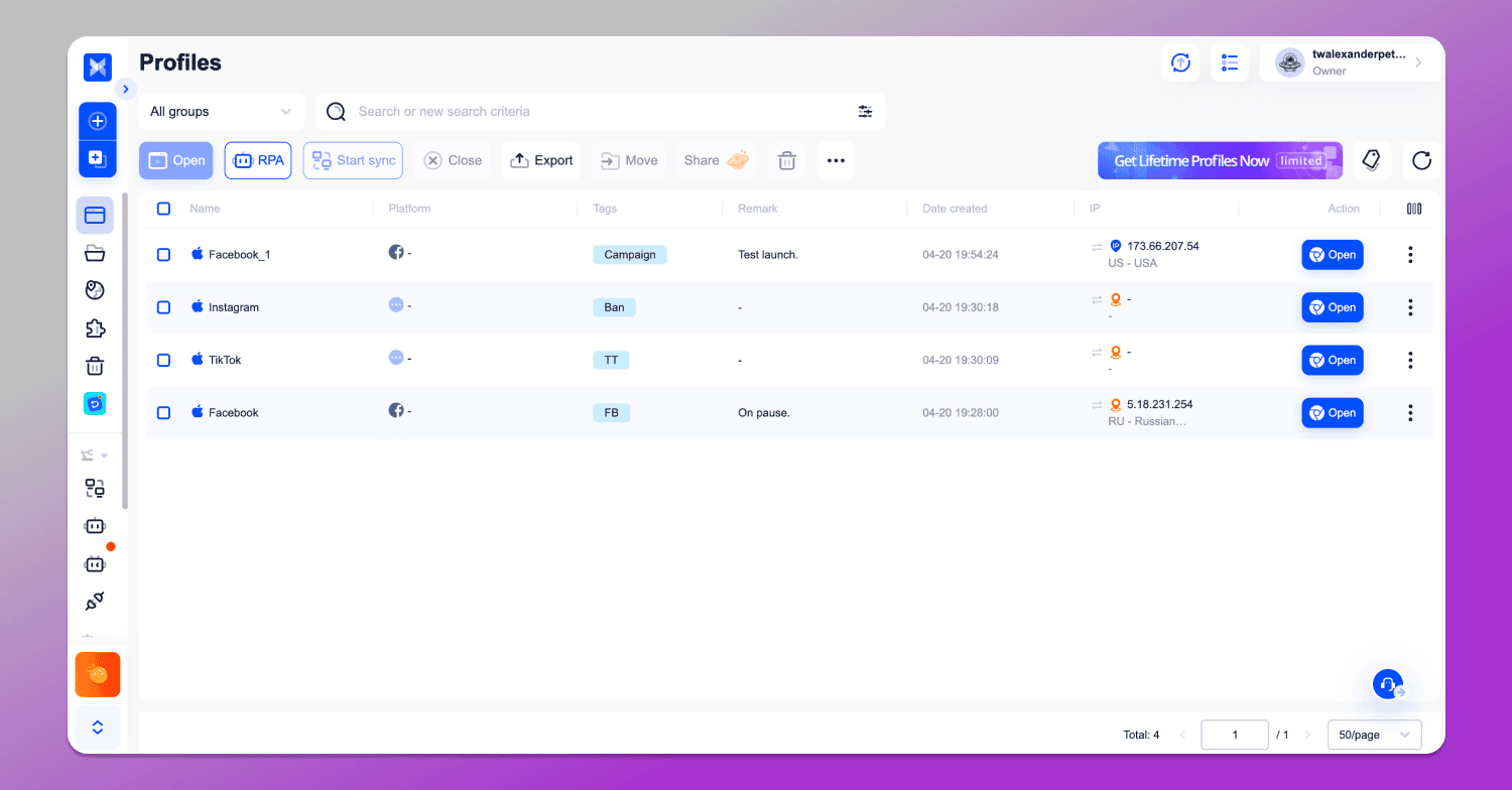 Interface AdsPower Dolphin Anty