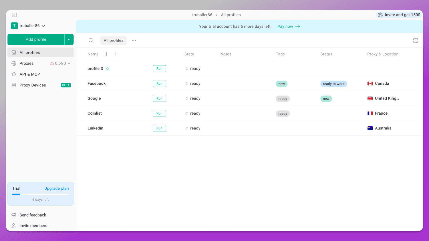 Interface Gologin Dolphin Anty