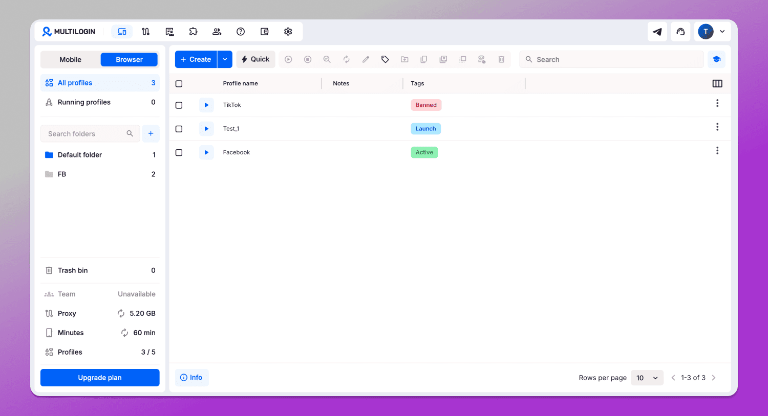 Interface Multilogin Dolphin Anty