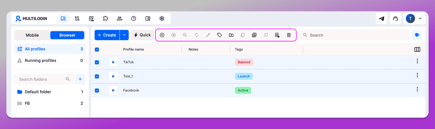 Bulk actions panel Multilogin Dolphin Anty