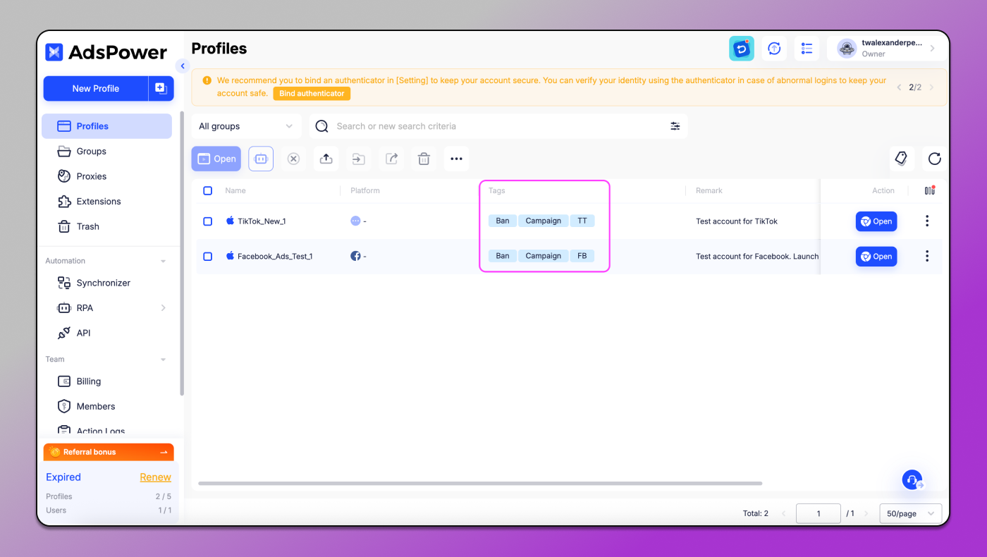 AdsPower Tags Dolphin Anty