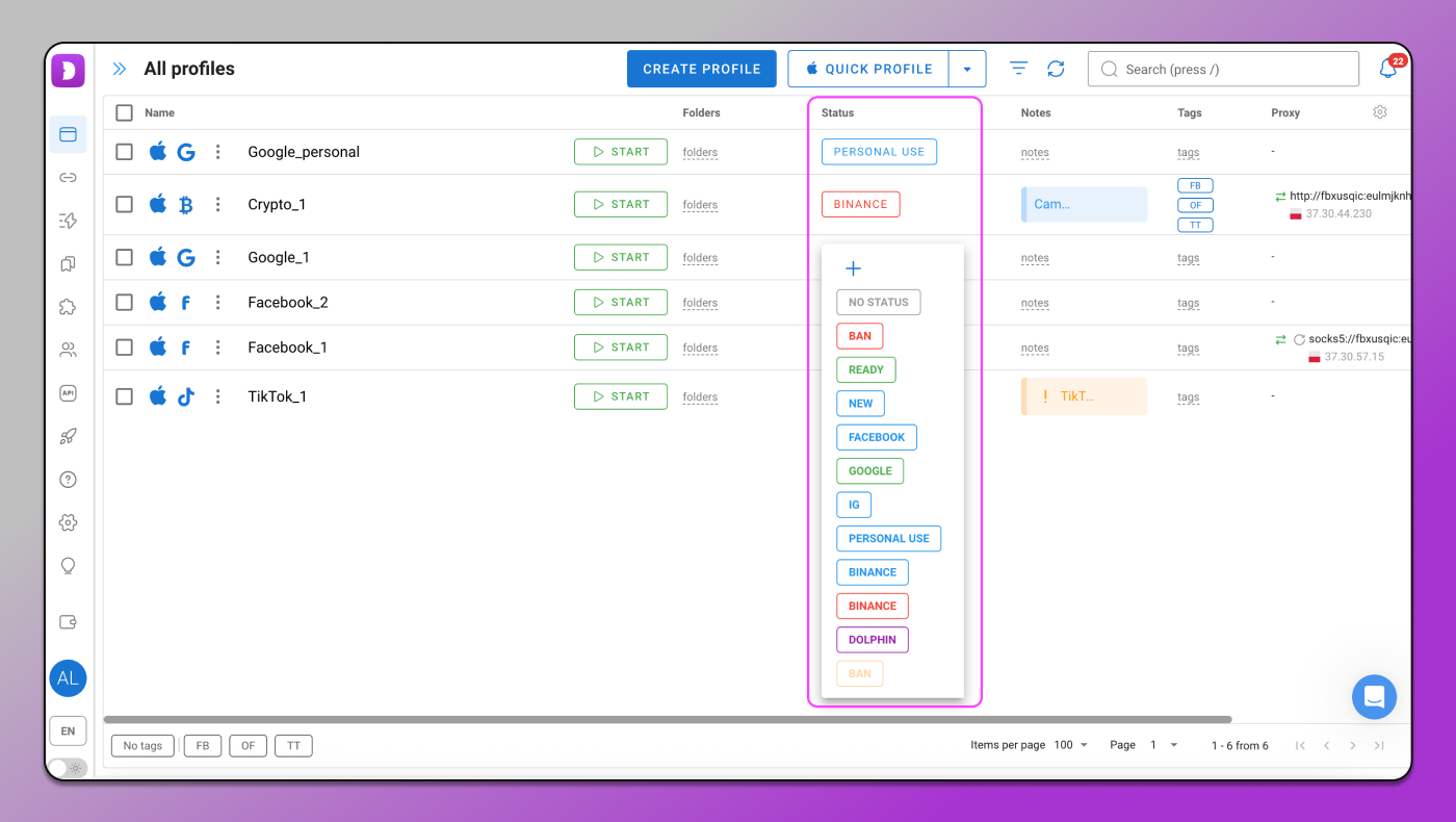 Statuses Dolphin Anty